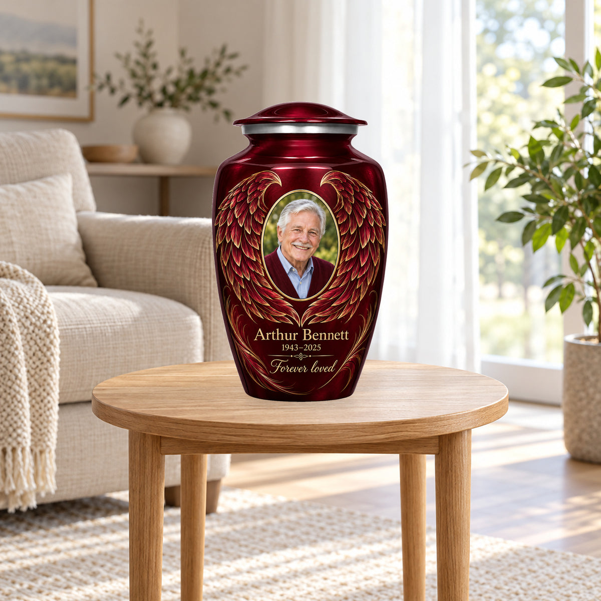 red personalized angel wings adult urn in a sunlit home.