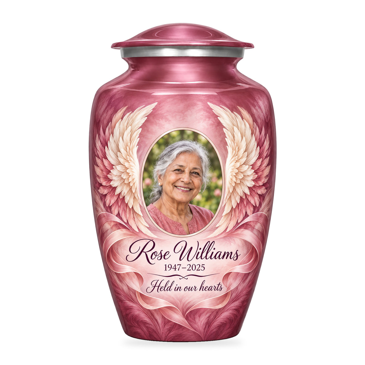 pink adult urn with Soft Ribbon Wings angel wings artwork, fictional sample portrait and personalized inscription on white.