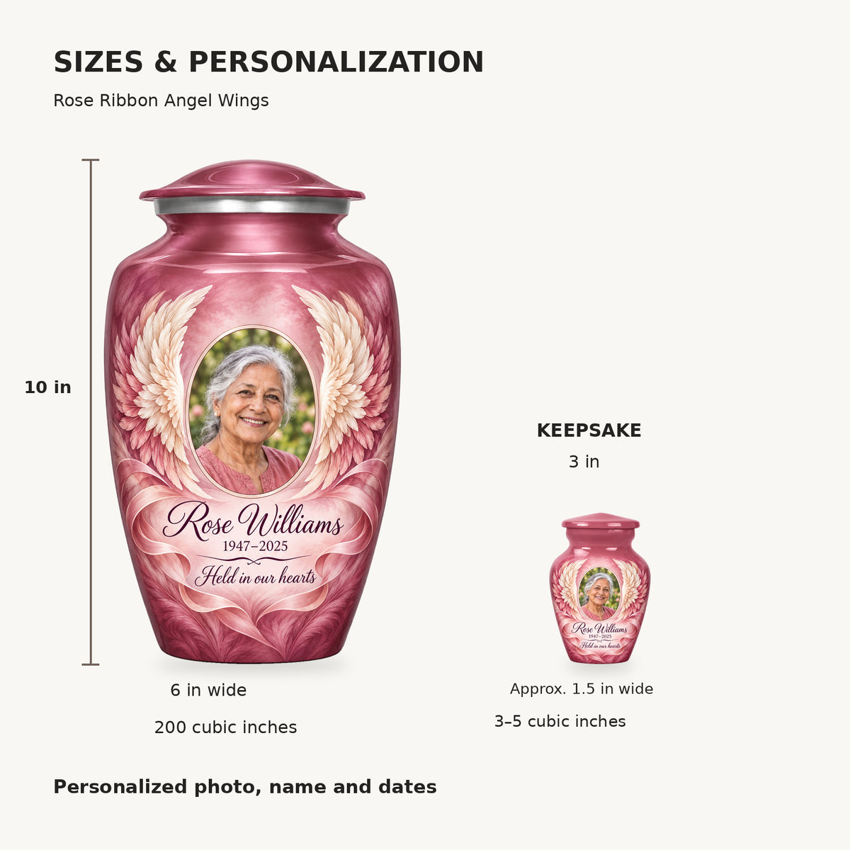Size guide: adult 10 inches high, 6 inches wide, 200 cubic inches; keepsake 3 inches high, 3–5 cubic inches.