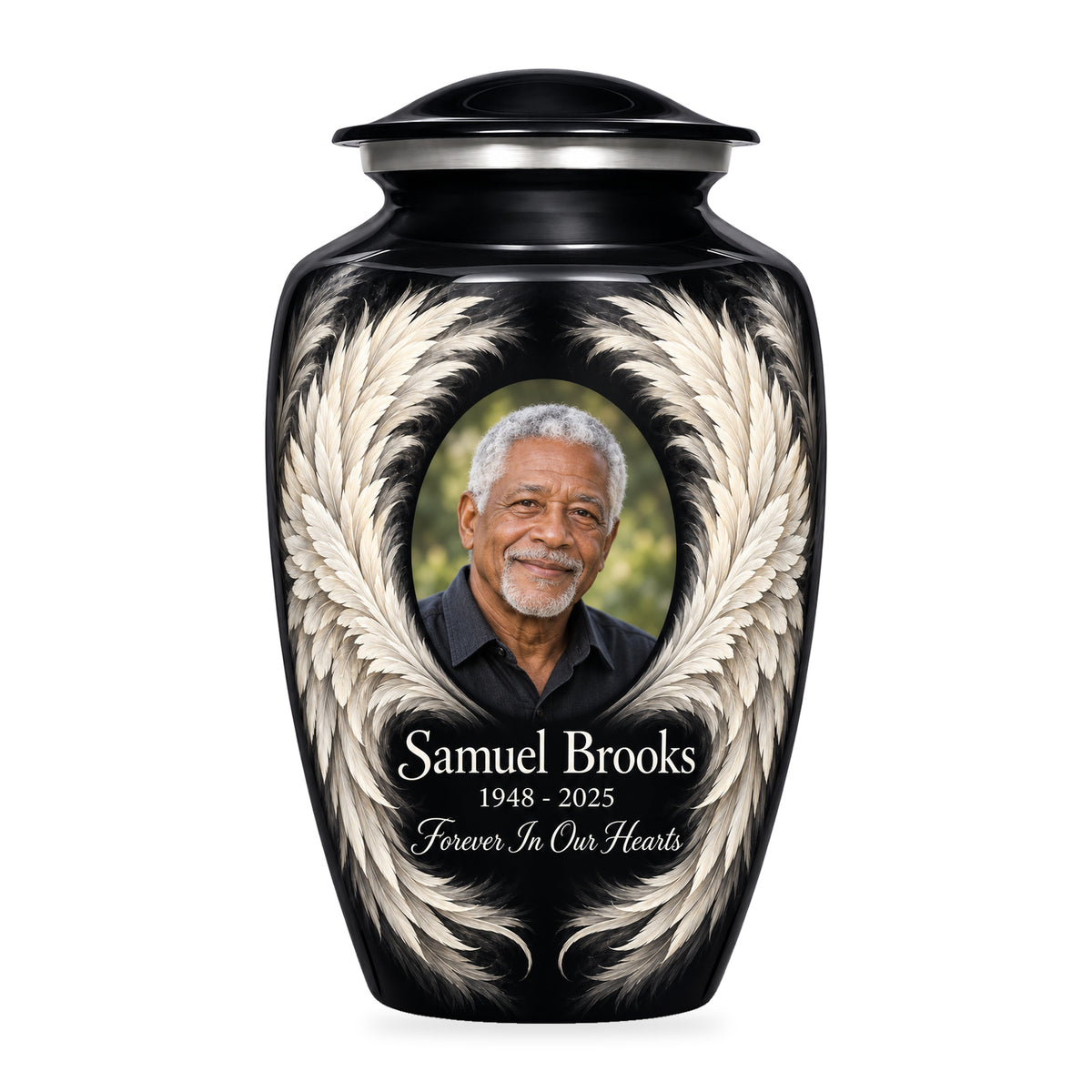 black adult urn with Ivory Sweep Wings angel wings artwork, fictional sample portrait and personalized inscription on white.
