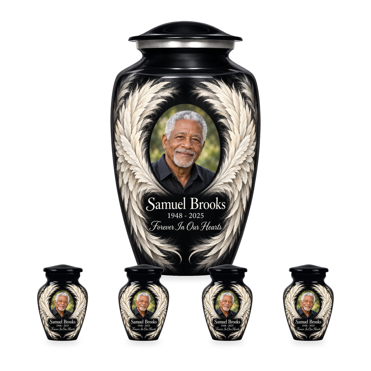 black adult angel wings urn with four matching keepsakes shown in proportional 10-inch and 3-inch sizes.