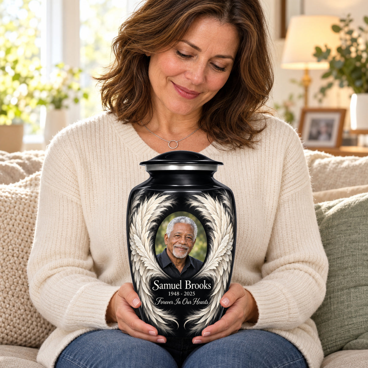 Seated person holding the black Ivory Sweep Wings adult urn with sample portrait and inscription on their lap.