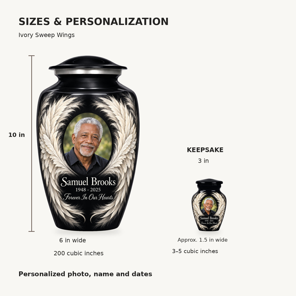 Size guide: adult 10 inches high, 6 inches wide, 200 cubic inches; keepsake 3 inches high, 3–5 cubic inches.