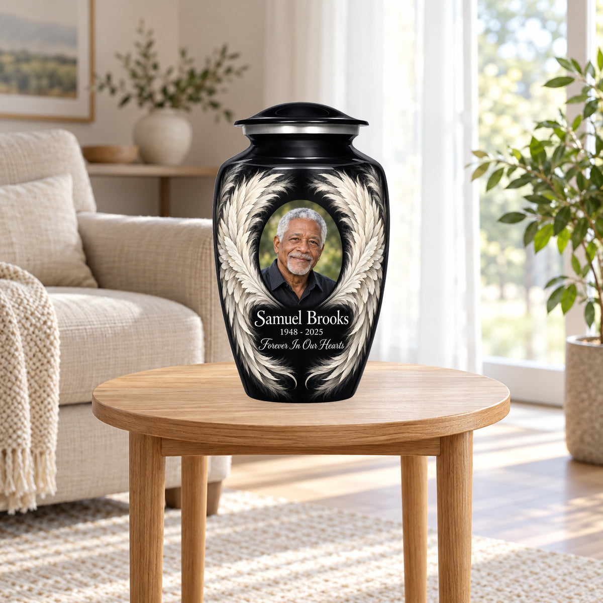 black personalized angel wings adult urn in a sunlit home.