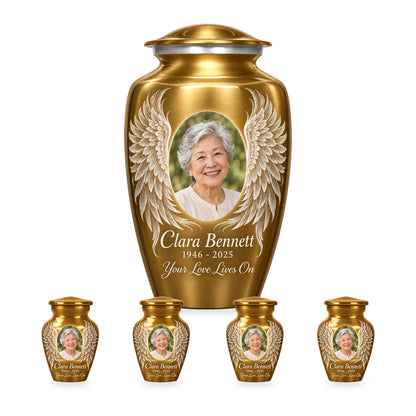 gold adult angel wings urn with four matching keepsakes shown in proportional 10-inch and 3-inch sizes.