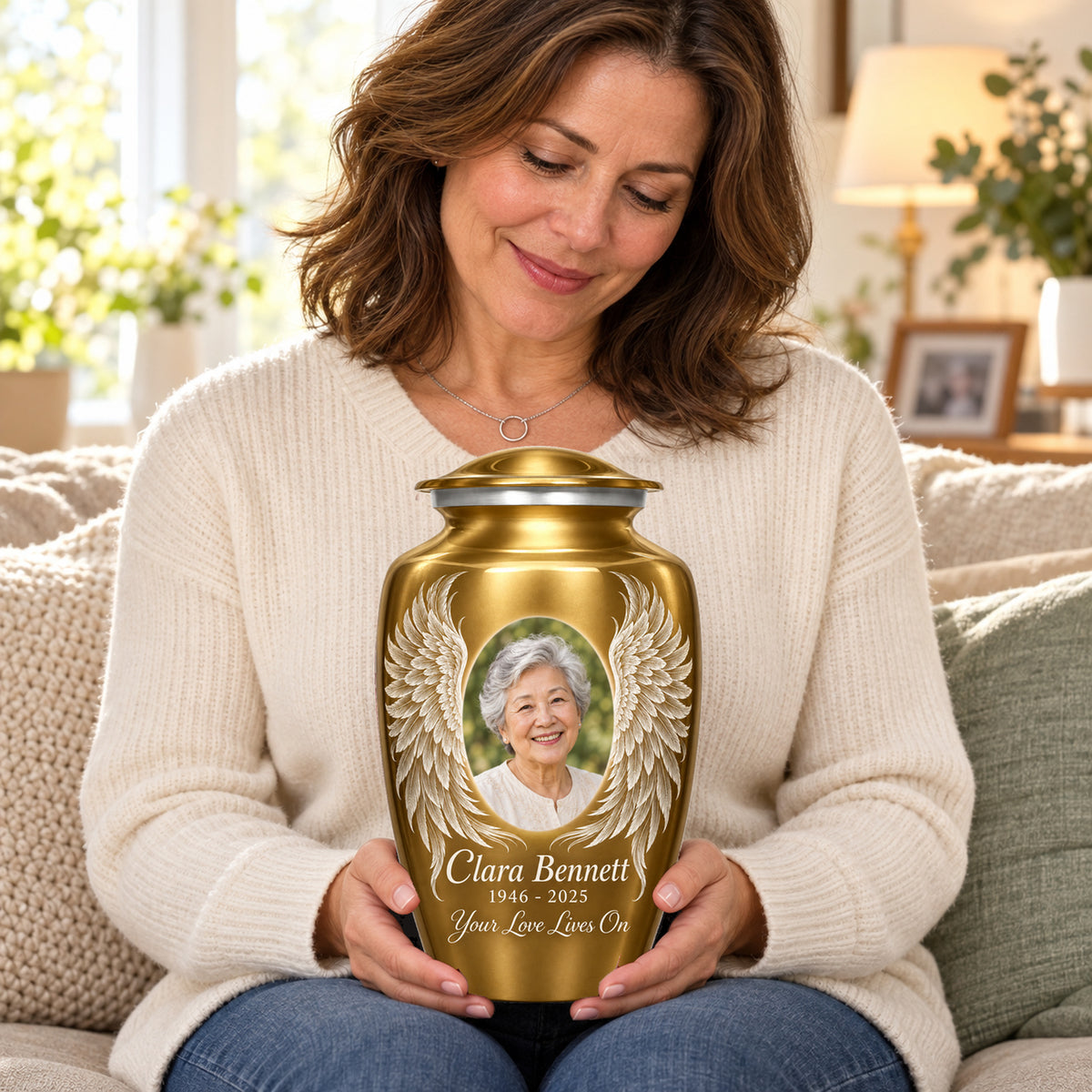 Seated person holding the gold adult angel wings urn on their lap.