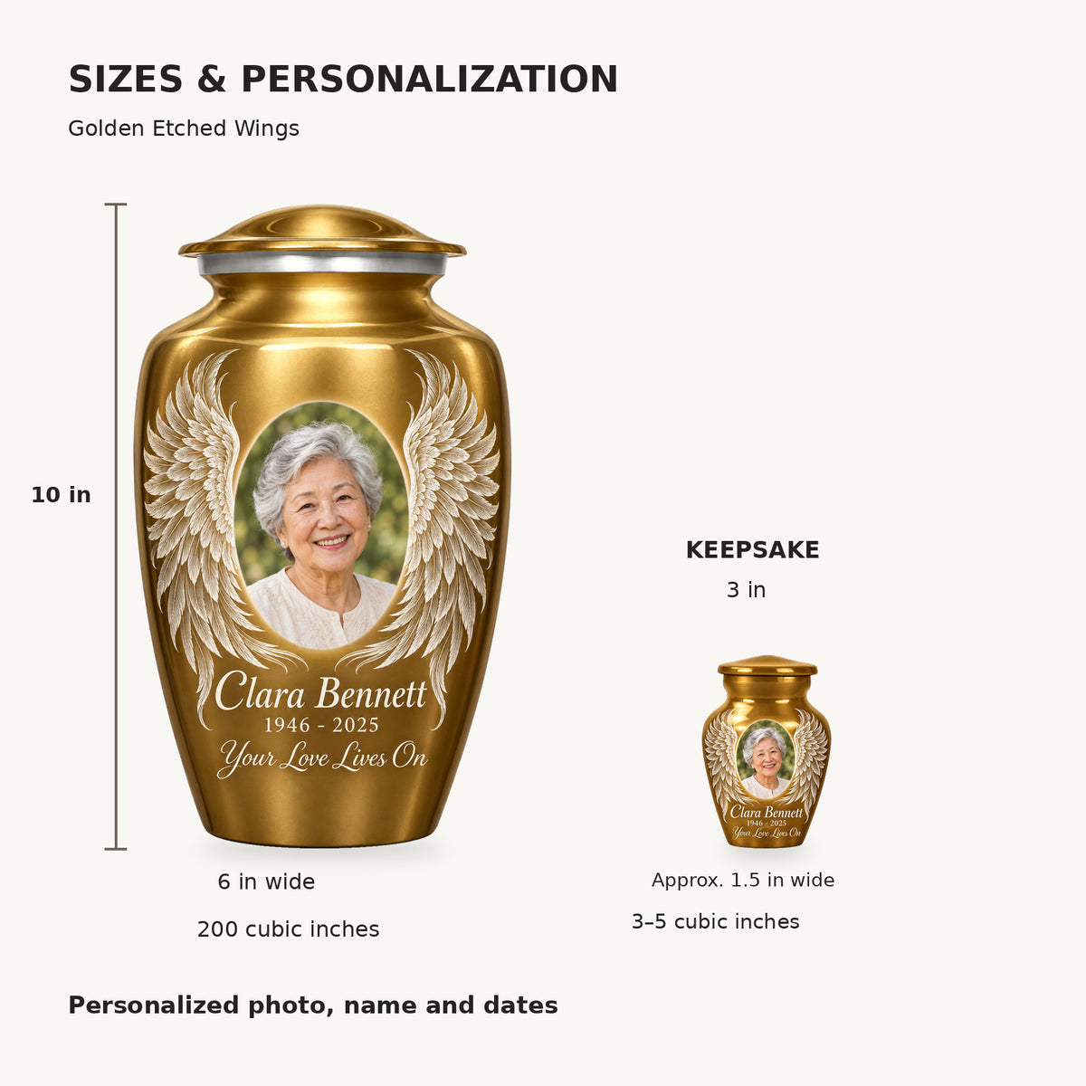 Size guide: adult 10 inches high, 6 inches wide, 200 cubic inches; keepsake 3 inches high, 3–5 cubic inches.