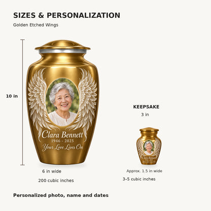 Size guide: adult 10 inches high, 6 inches wide, 200 cubic inches; keepsake 3 inches high, 3–5 cubic inches.
