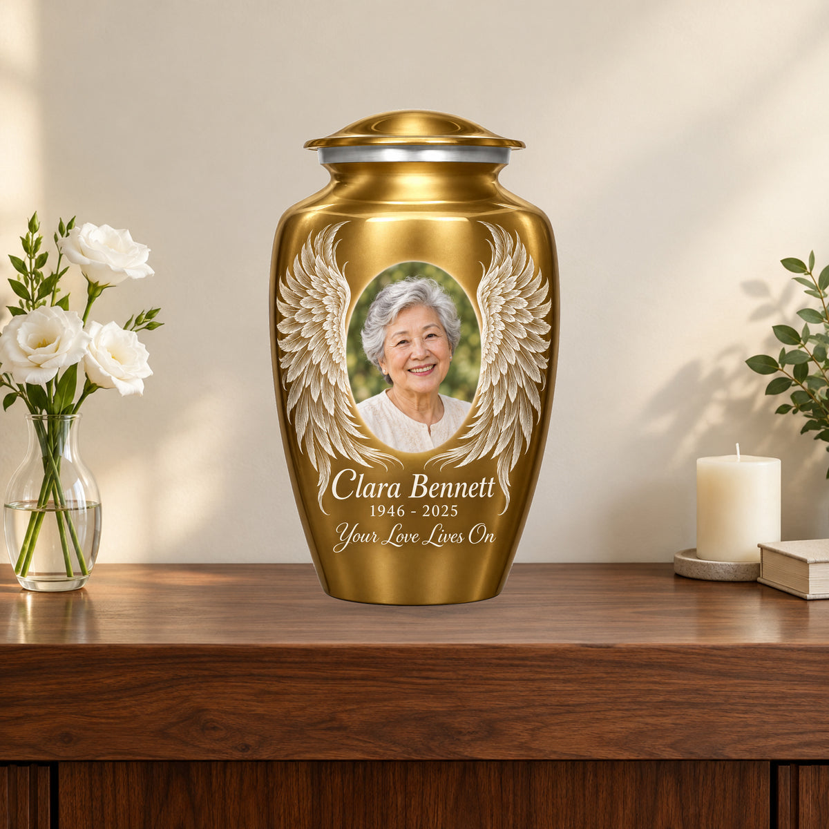 gold personalized angel wings adult urn on a memorial console.