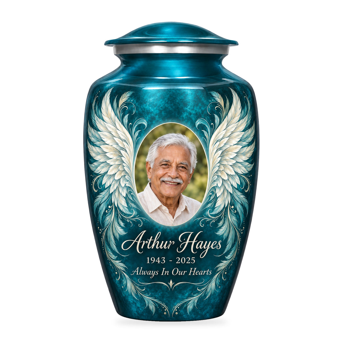 blue adult urn with Turquoise Filigree Wings angel wings artwork, fictional sample portrait and personalized inscription on white.
