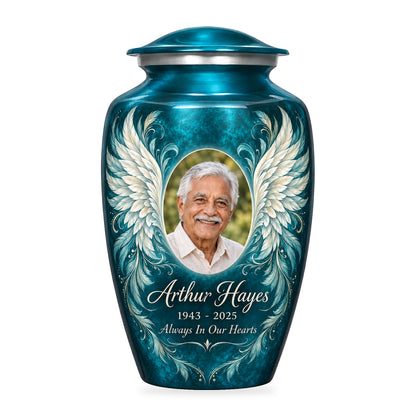 blue adult urn with Turquoise Filigree Wings angel wings artwork, fictional sample portrait and personalized inscription on white.