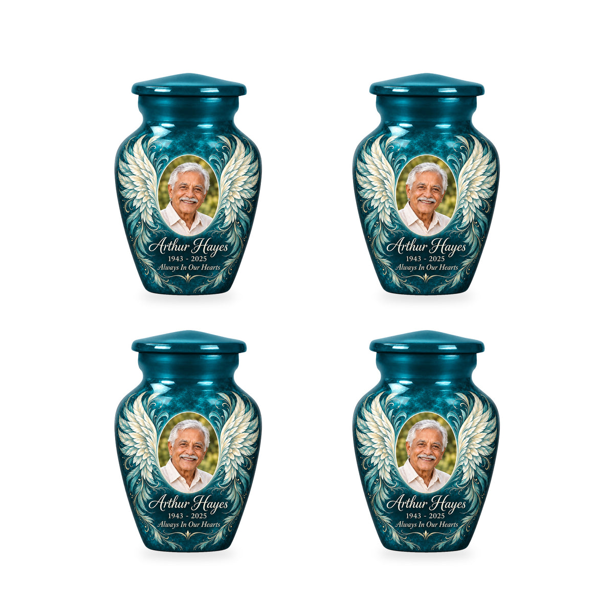 Four matching blue angel wings keepsake urns with sample photo and inscription.