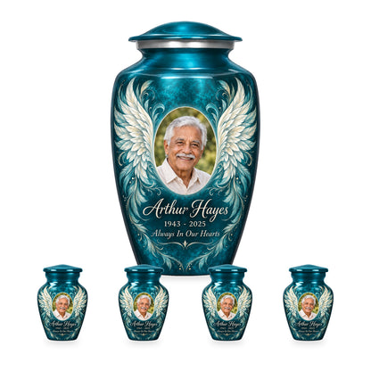 blue adult angel wings urn with four matching keepsakes shown in proportional 10-inch and 3-inch sizes.