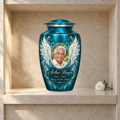 blue adult urn with Turquoise Filigree Wings angel wings artwork displayed in a columbarium niche.