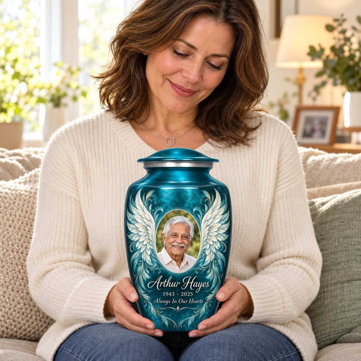 Seated person holding the blue adult angel wings urn on their lap.
