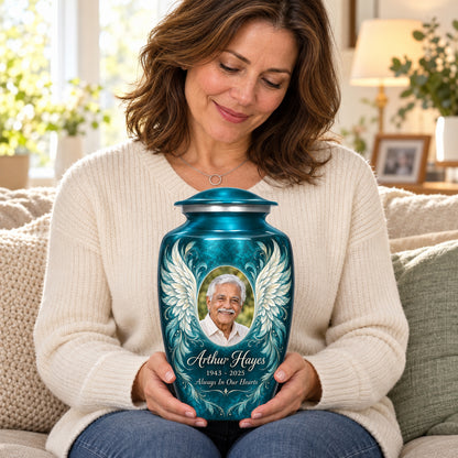 Seated person holding the blue adult angel wings urn on their lap.