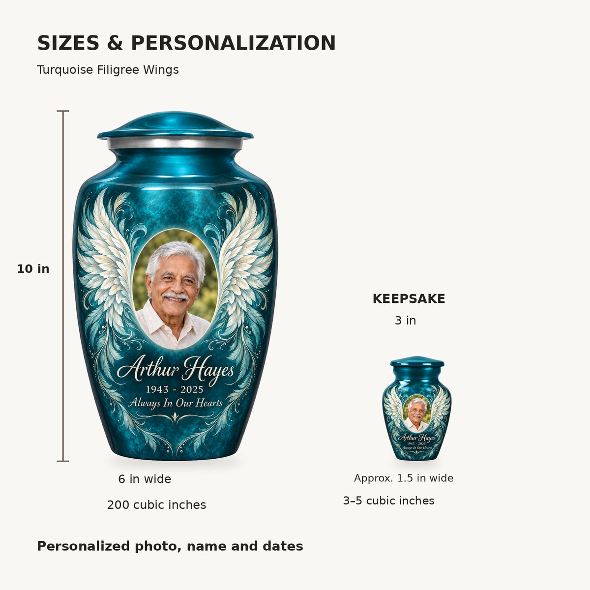 Size guide: adult 10 inches high, 6 inches wide, 200 cubic inches; keepsake 3 inches high, 3–5 cubic inches.