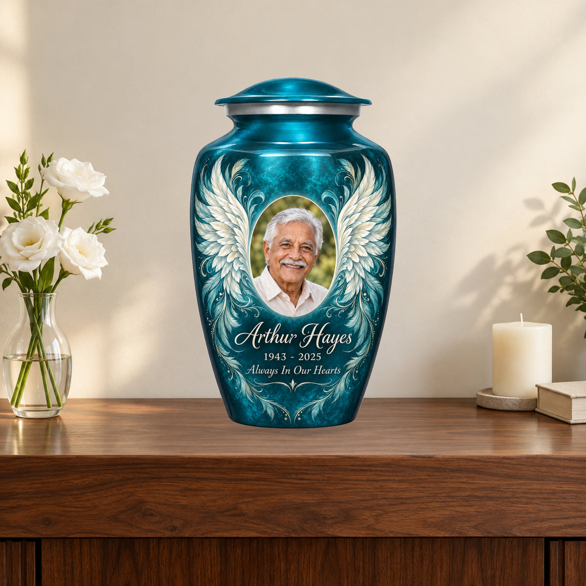 blue personalized angel wings adult urn on a memorial console.