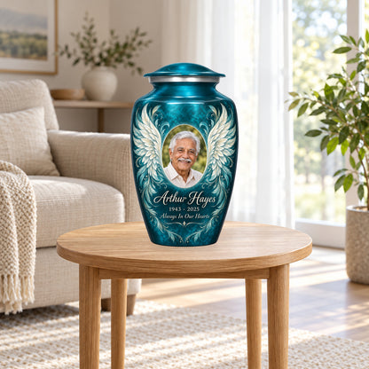 blue personalized angel wings adult urn in a sunlit home.