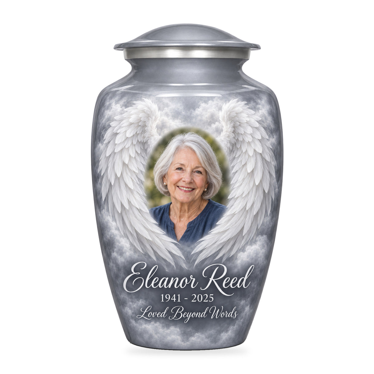 gray adult urn with Silver Mist Wings angel wings artwork, fictional sample portrait and personalized inscription on white.