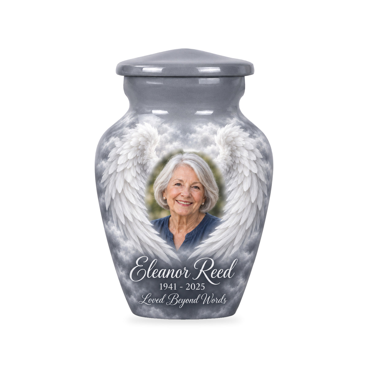 One matching gray ringless 3-inch keepsake with Silver Mist Wings angel wings artwork and sample photo and text.