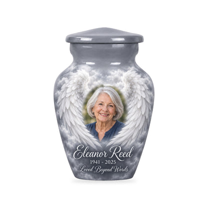One matching gray ringless 3-inch keepsake with Silver Mist Wings angel wings artwork and sample photo and text.
