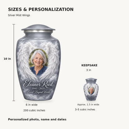 Size guide: adult 10 inches high, 6 inches wide, 200 cubic inches; keepsake 3 inches high, 3–5 cubic inches.