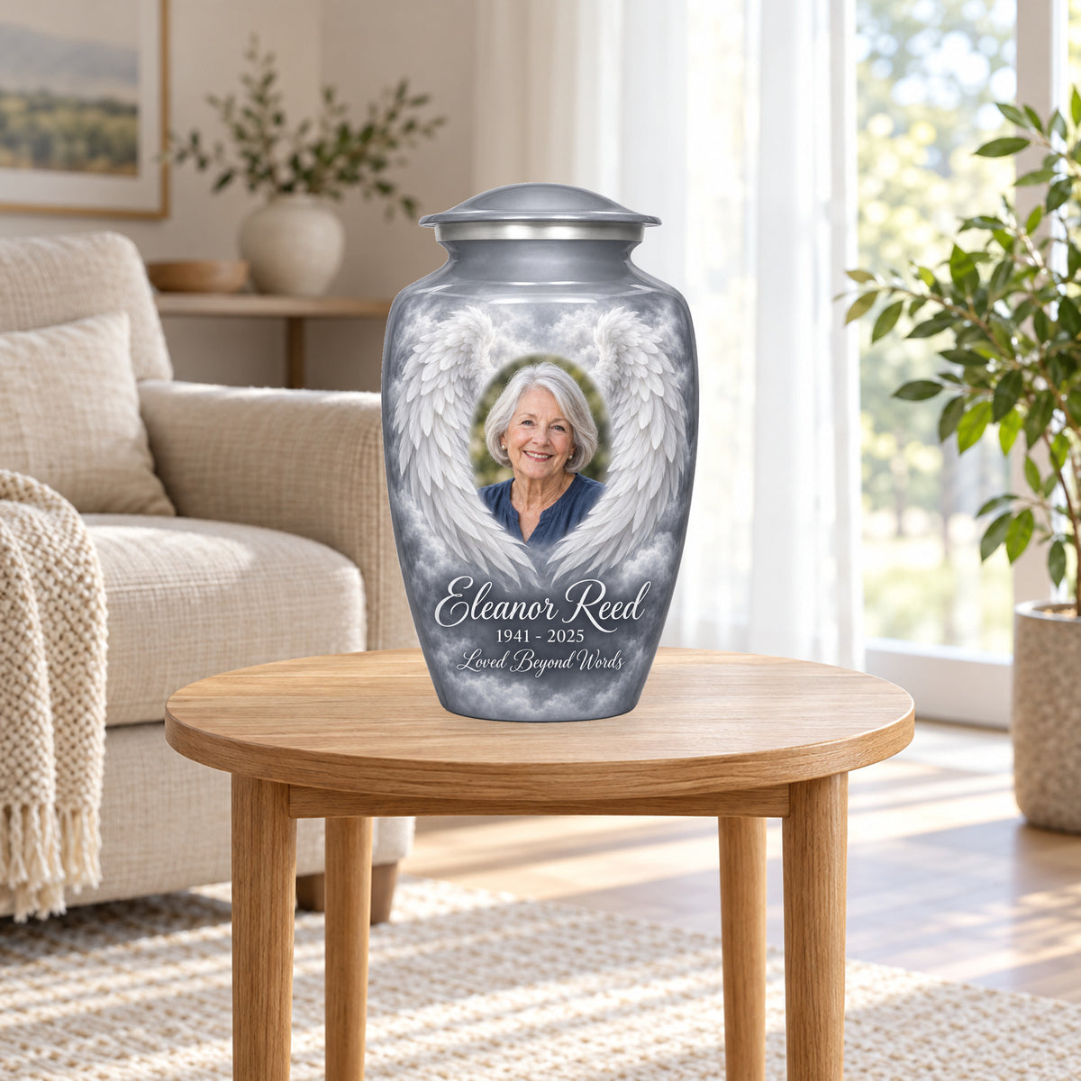 gray personalized angel wings adult urn in a sunlit home.