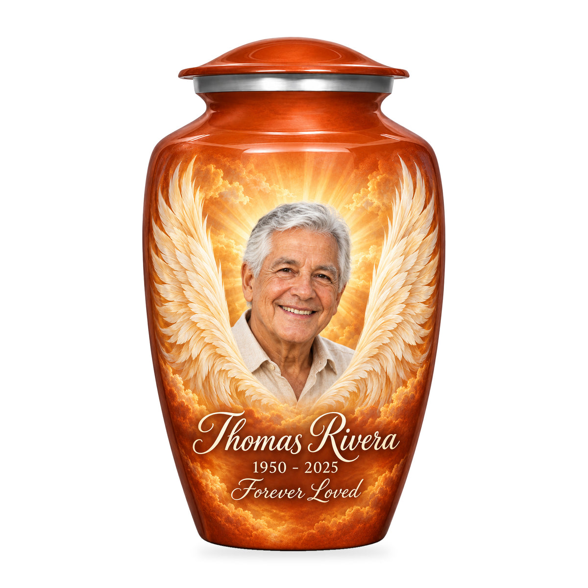 orange adult urn with Terracotta Radiant Wings angel wings artwork, fictional sample portrait and personalized inscription on white.