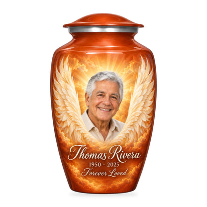 orange adult urn with Terracotta Radiant Wings angel wings artwork, fictional sample portrait and personalized inscription on white.