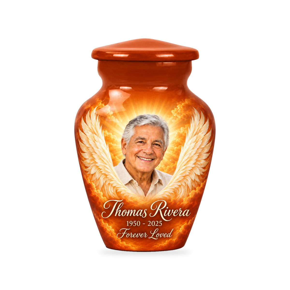 One matching orange ringless 3-inch keepsake with Terracotta Radiant Wings angel wings artwork and sample photo and text.