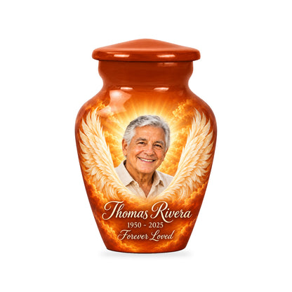 One matching orange ringless 3-inch keepsake with Terracotta Radiant Wings angel wings artwork and sample photo and text.