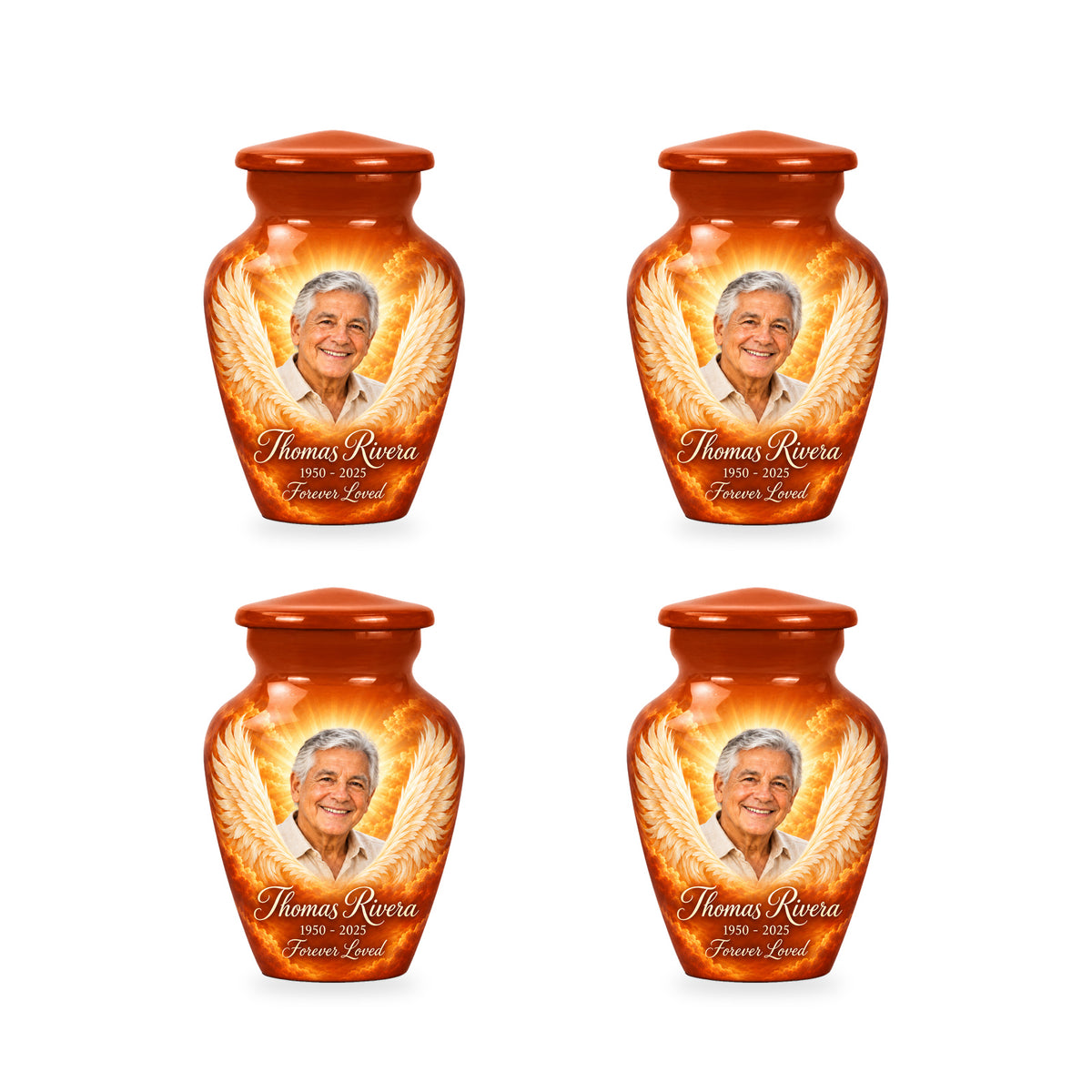 Four matching orange angel wings keepsake urns with sample photo and inscription.
