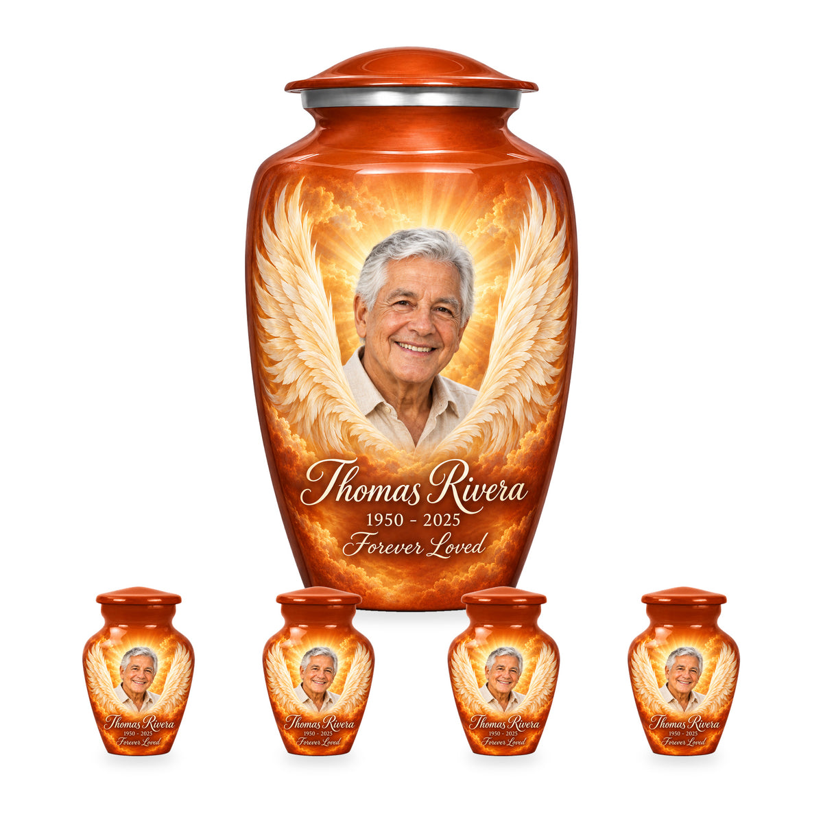 orange adult angel wings urn with four matching keepsakes shown in proportional 10-inch and 3-inch sizes.