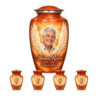 orange adult angel wings urn with four matching keepsakes shown in proportional 10-inch and 3-inch sizes.