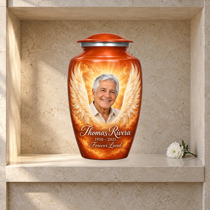 orange adult urn with Terracotta Radiant Wings angel wings artwork displayed in a columbarium niche.