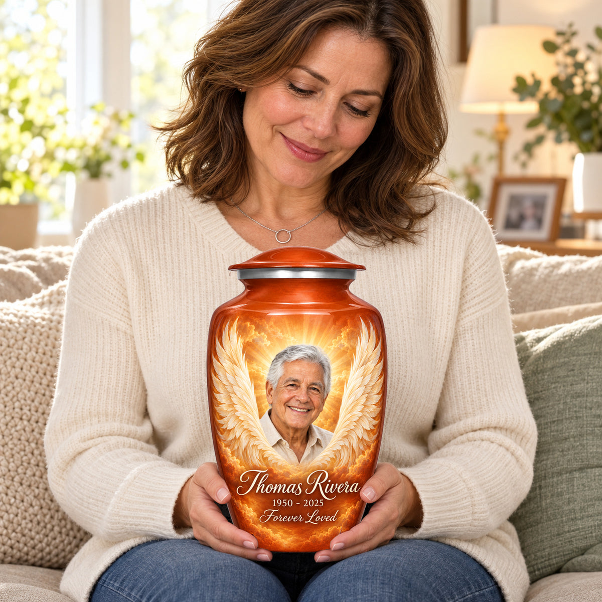 Seated person holding the orange adult angel wings urn on their lap.