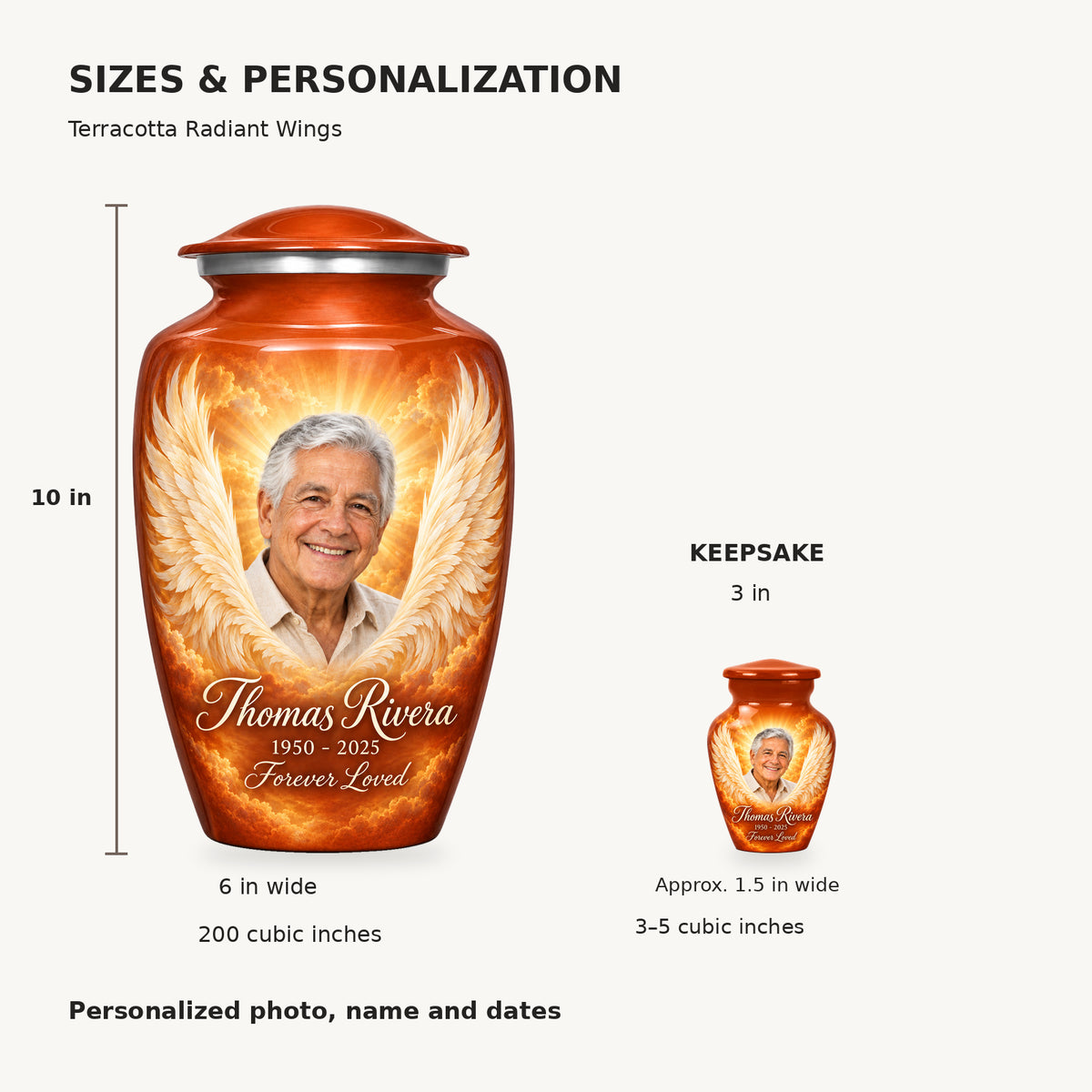 Size guide: adult 10 inches high, 6 inches wide, 200 cubic inches; keepsake 3 inches high, 3–5 cubic inches.