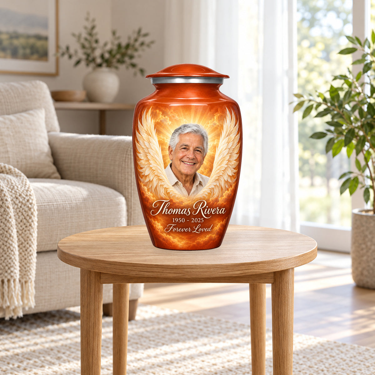 orange personalized angel wings adult urn in a sunlit home.