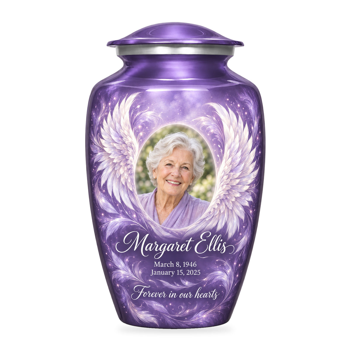 purple adult urn with Lilac Diagonal Wings angel wings artwork, fictional sample portrait and personalized inscription on white.