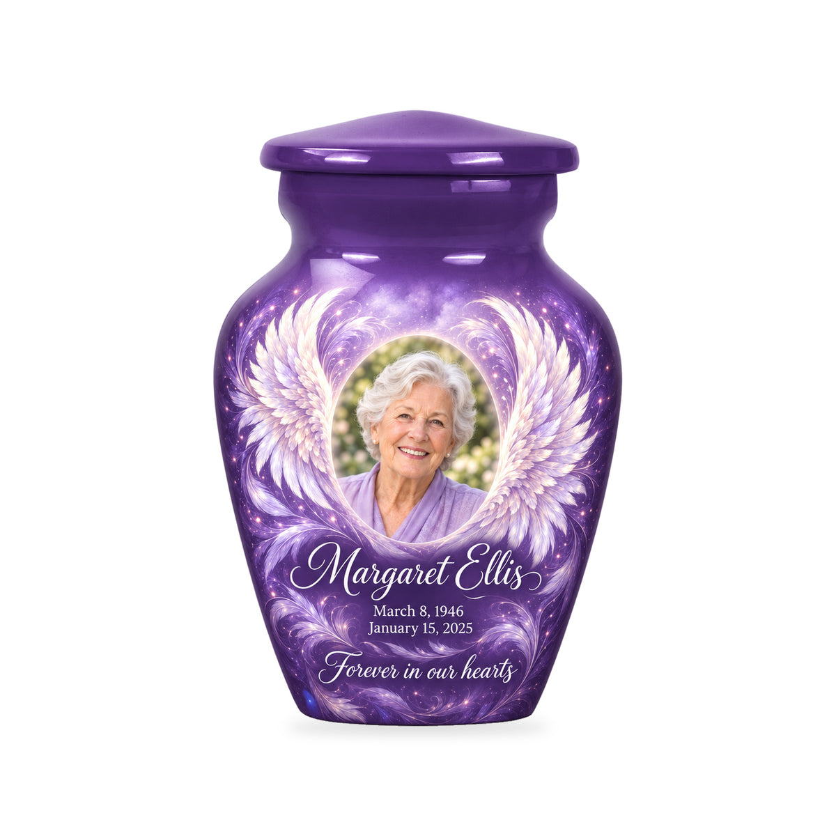 One matching purple ringless 3-inch keepsake with Lilac Diagonal Wings angel wings artwork and sample photo and text.