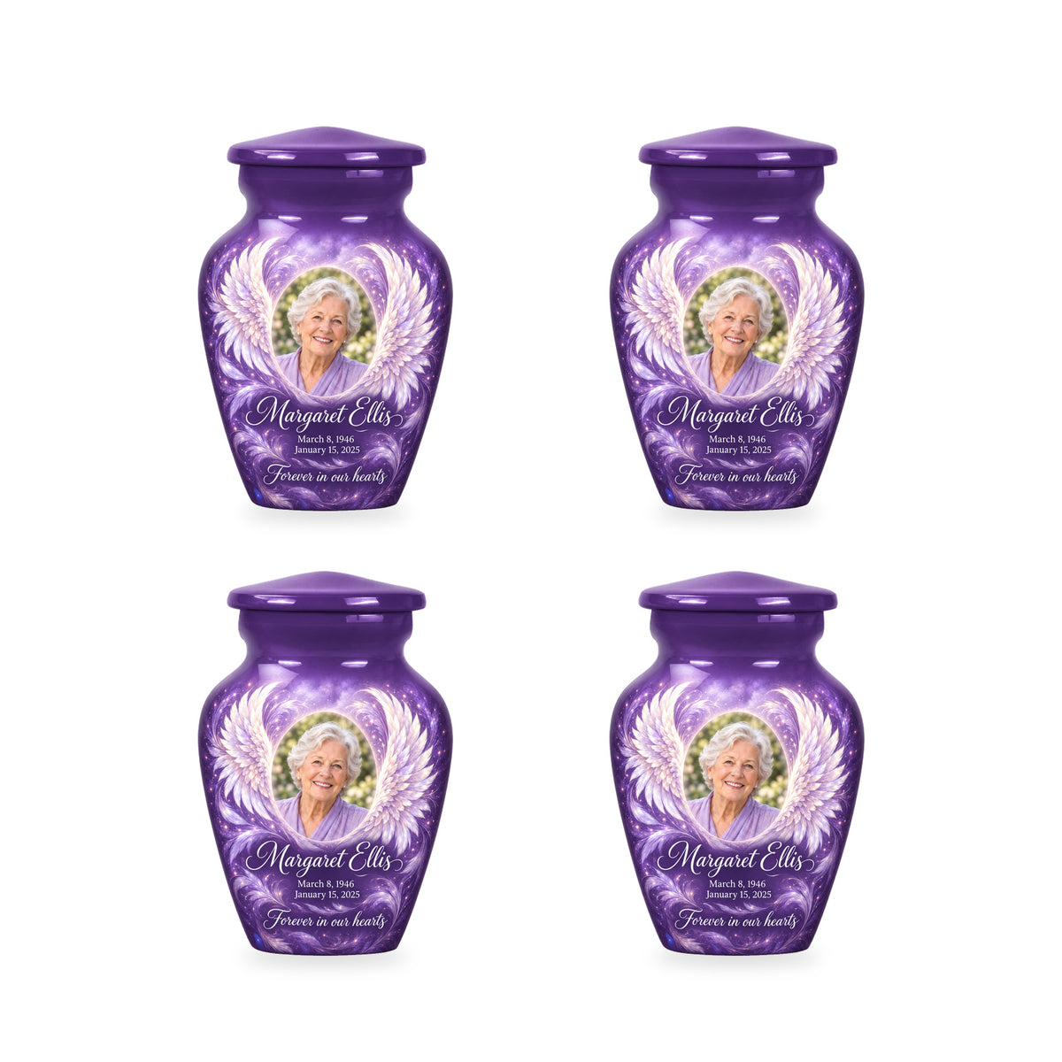 Four matching purple angel wings keepsake urns with sample photo and inscription.