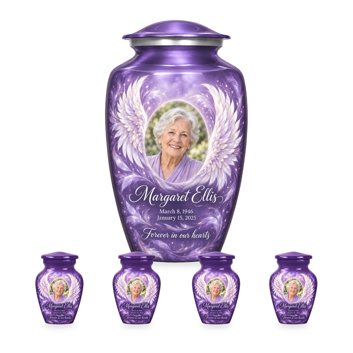 purple adult angel wings urn with four matching keepsakes shown in proportional 10-inch and 3-inch sizes.
