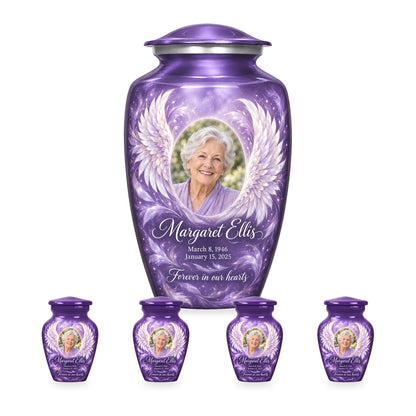 purple adult angel wings urn with four matching keepsakes shown in proportional 10-inch and 3-inch sizes.