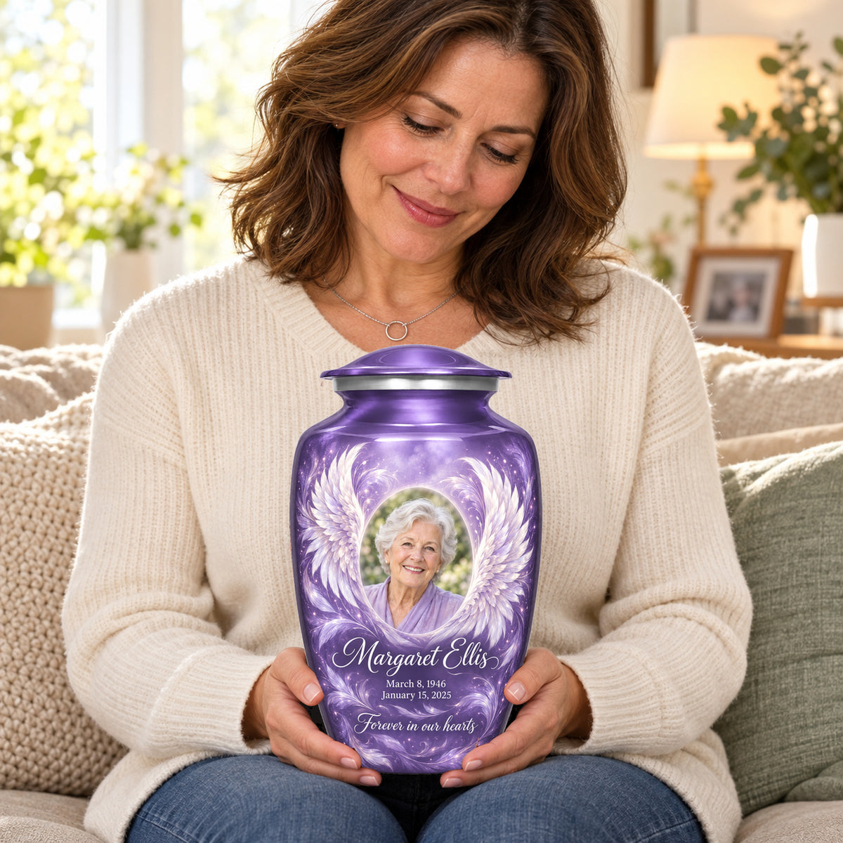 Seated person holding the purple adult angel wings urn on their lap.