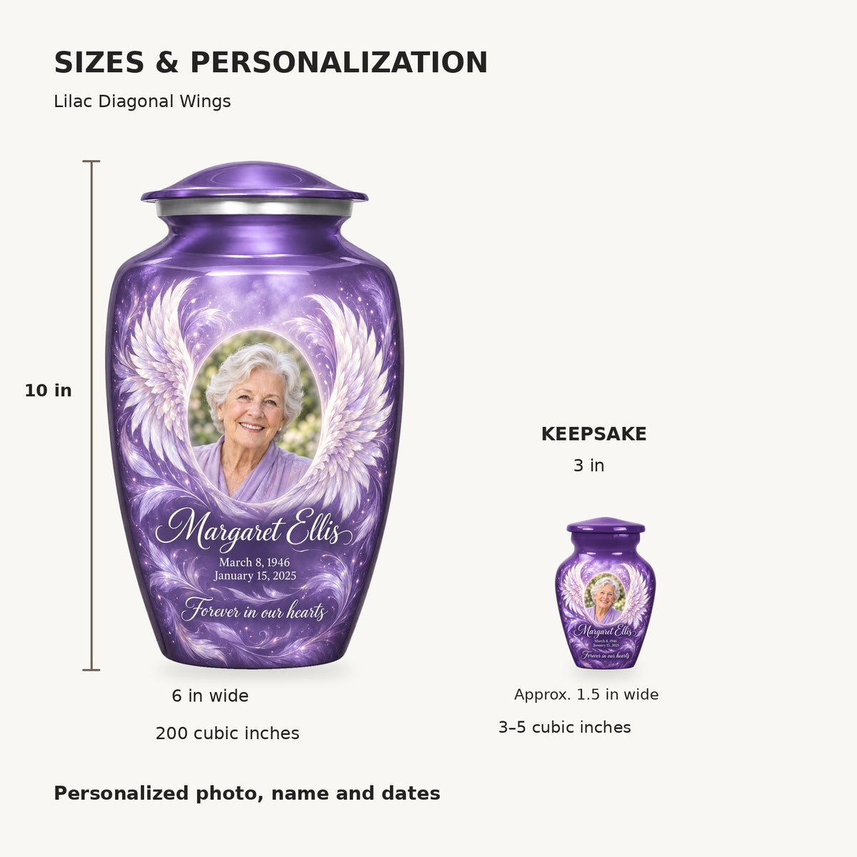 Size guide: adult 10 inches high, 6 inches wide, 200 cubic inches; keepsake 3 inches high, 3–5 cubic inches.