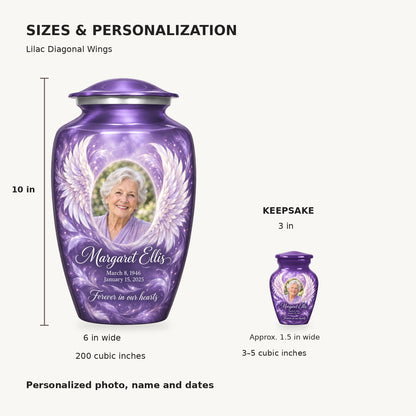 Size guide: adult 10 inches high, 6 inches wide, 200 cubic inches; keepsake 3 inches high, 3–5 cubic inches.