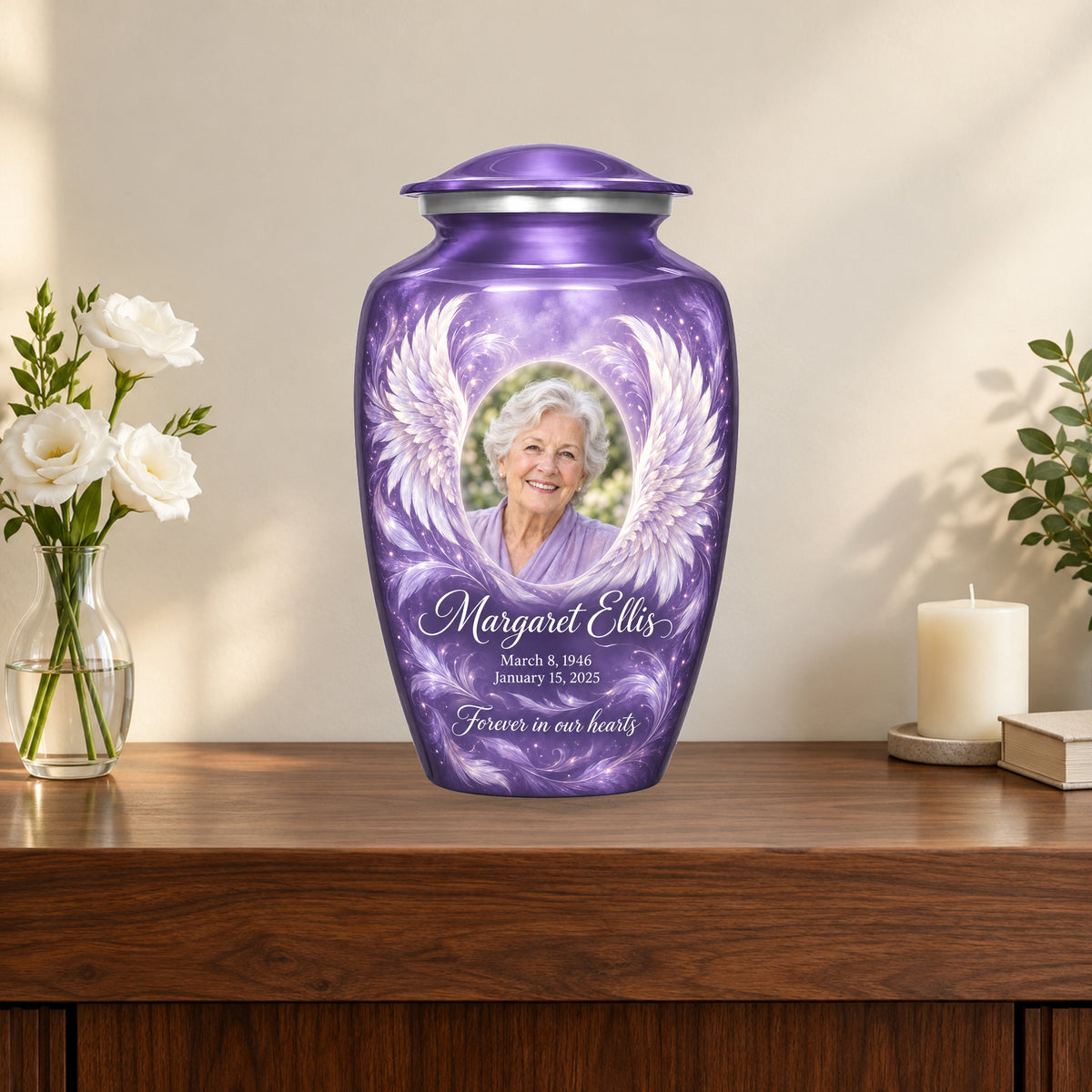 purple personalized angel wings adult urn on a memorial console.