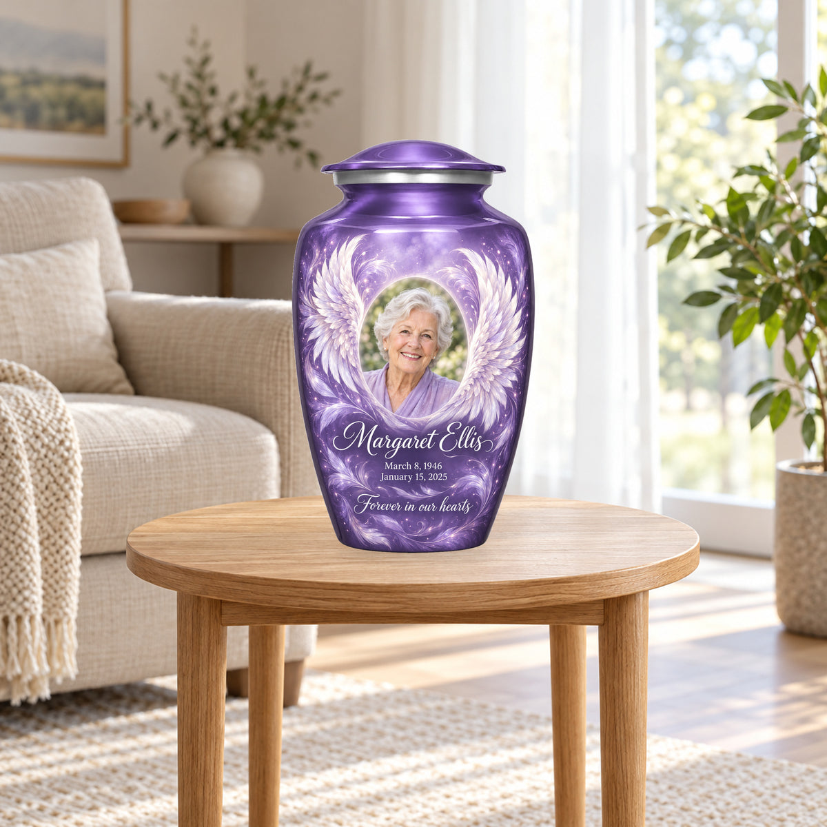 purple personalized angel wings adult urn in a sunlit home.
