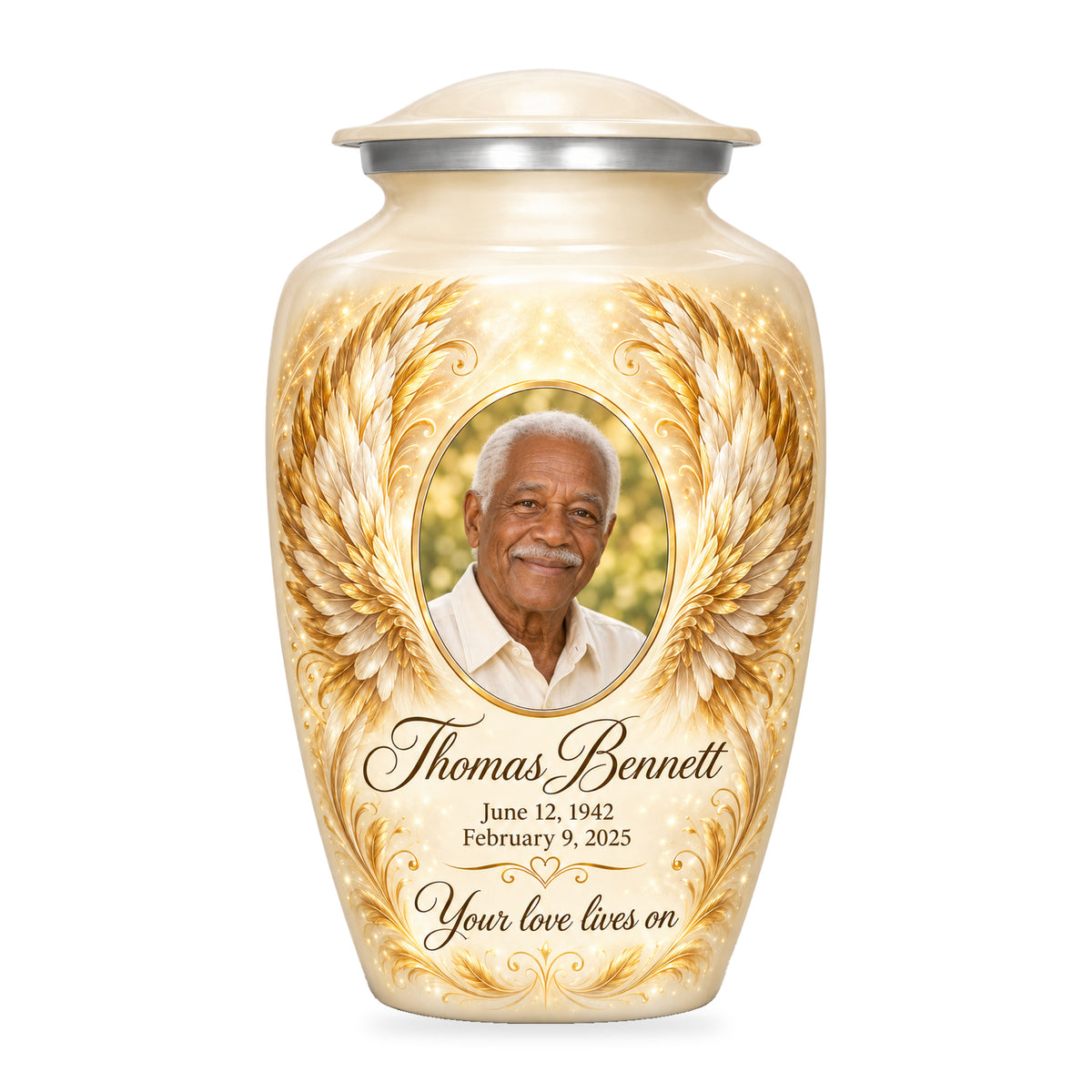 white adult urn with Ivory Golden Wings angel wings artwork, fictional sample portrait and personalized inscription on white.